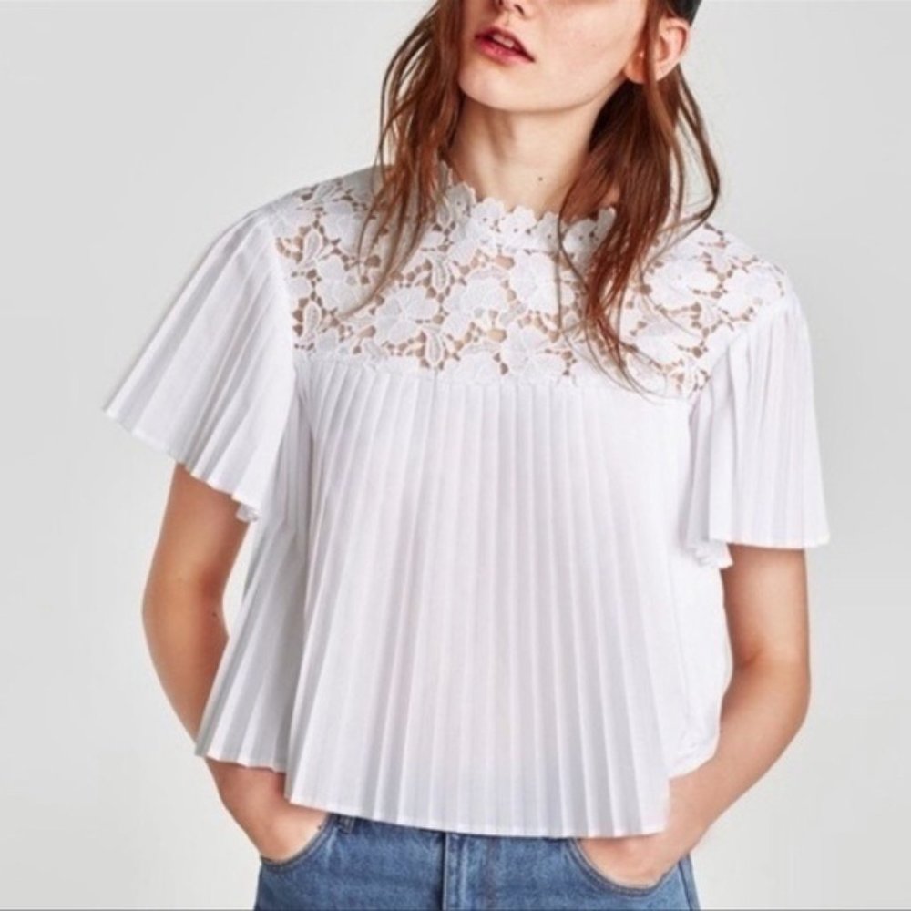 Zara Pleated Lace Top Blouse Babydoll Semi Cropped B - Picture 1 of 13